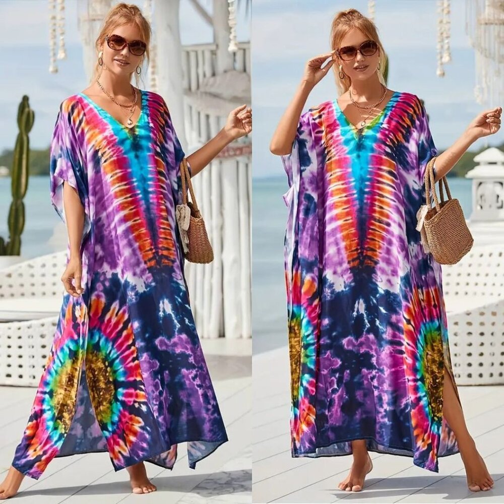 Kaftan Tie Dye Dress Maxi Swim Cover Up NEW - Picture 3 of 8
